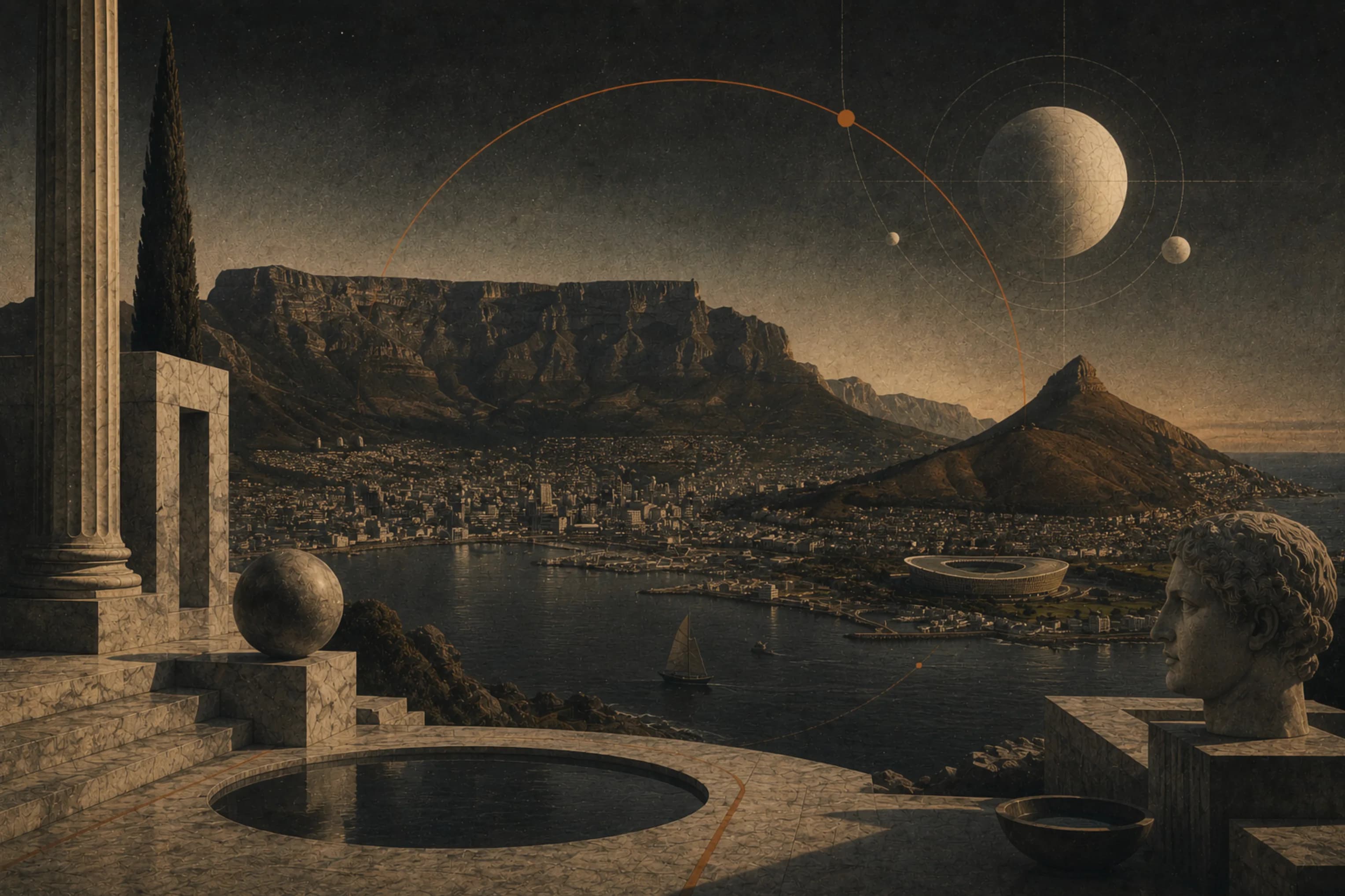 Table Mountain and the bay at dusk, seen from a colonnaded terrace, with planets tracing arcs overhead.