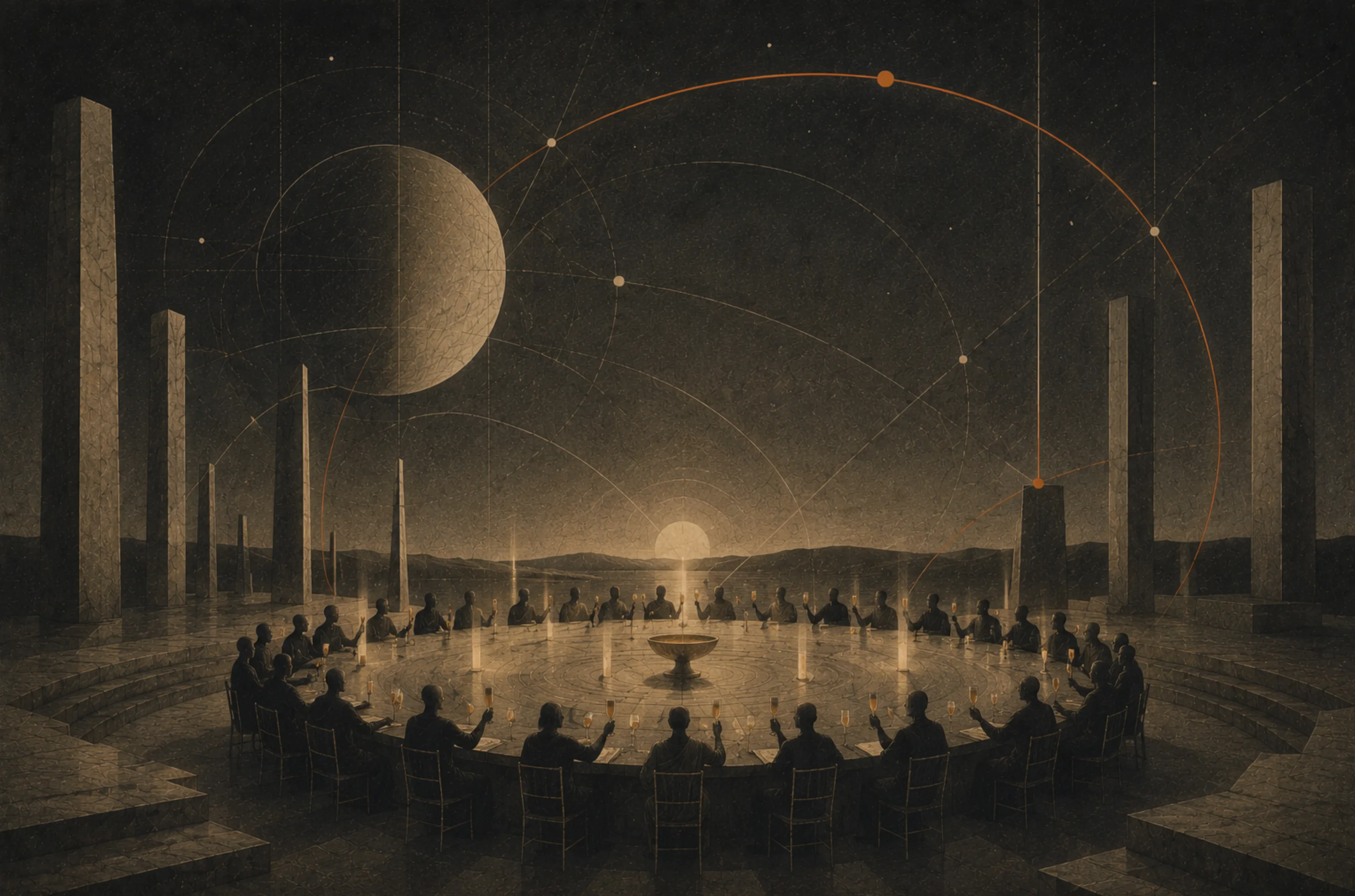 A long curved table of figures raising glasses at dawn, ringed by columns and orbital lines.