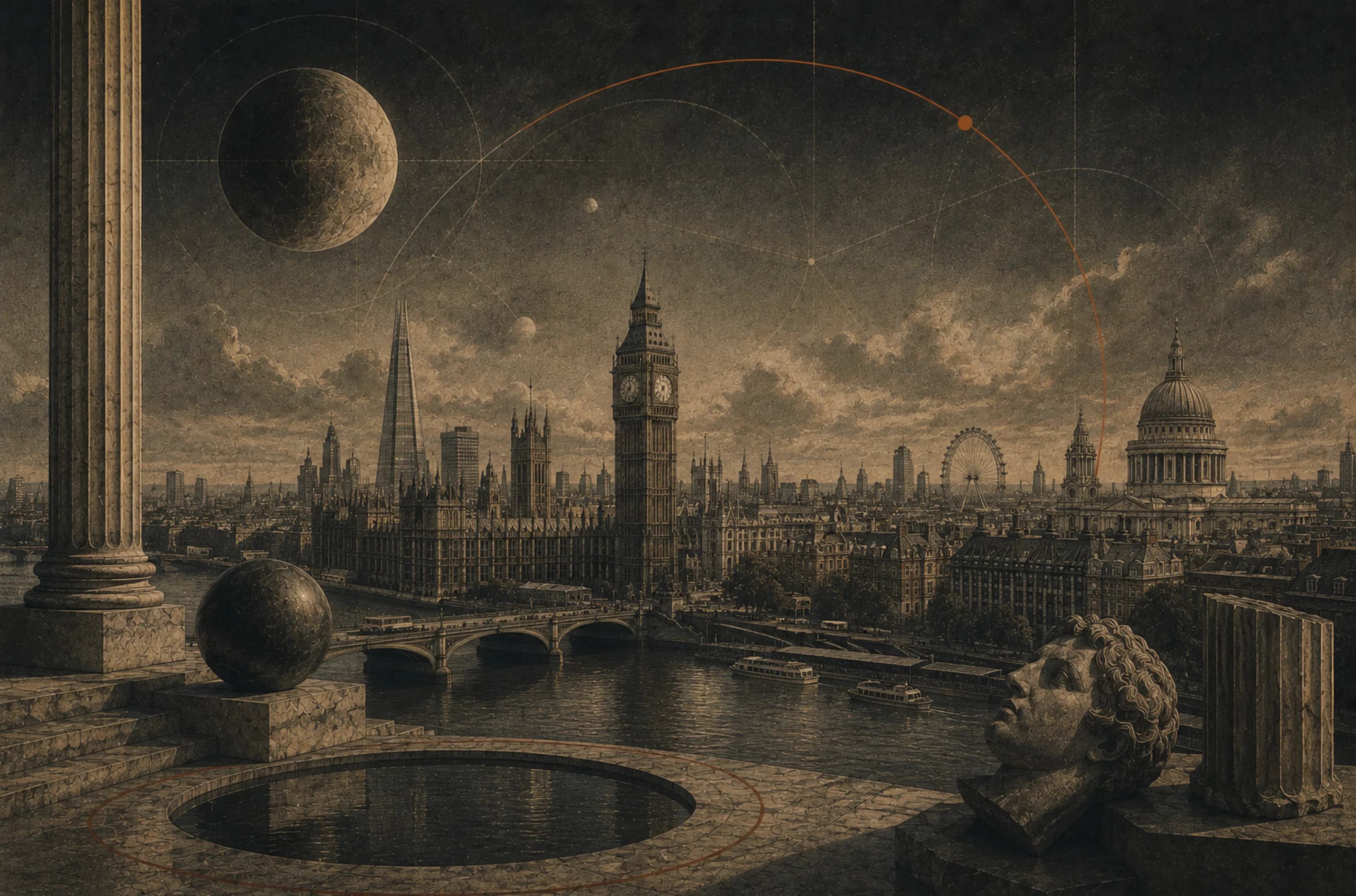 The Thames at dusk from a colonnaded terrace — Westminster, the Shard and St Paul’s under an orange arc.